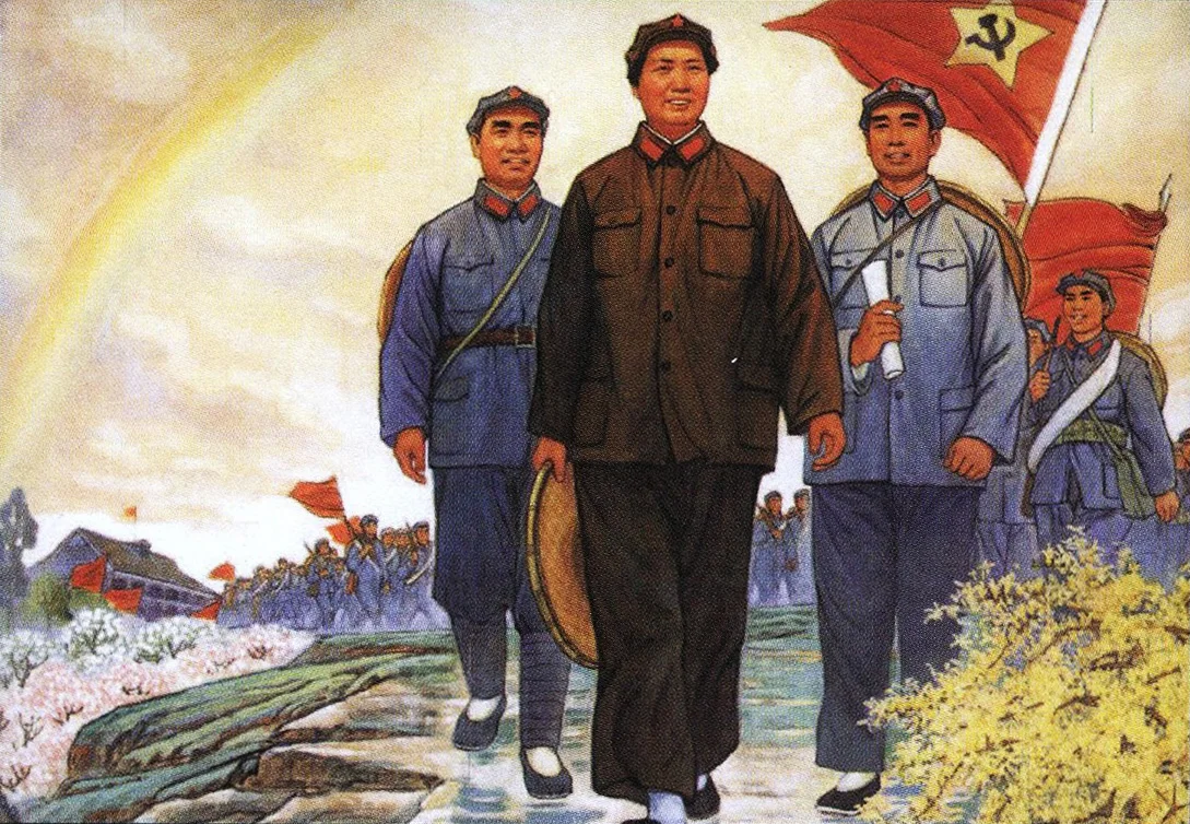 Винтажный пропагандистский постер времен Второй мировой войны Мао с рабочими