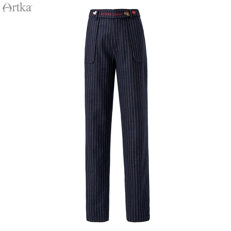 ARTKA 2019 New Autumn Winter Women Pant Retro Striped Thicken Woolen Trousers Embroidered Casual Trousers Harem Pants KA10284D