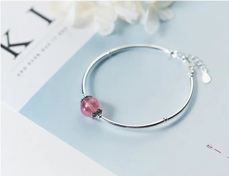 Серебряный браслет 100% реальная кожа серебряный с клубничным хрустальным бусином