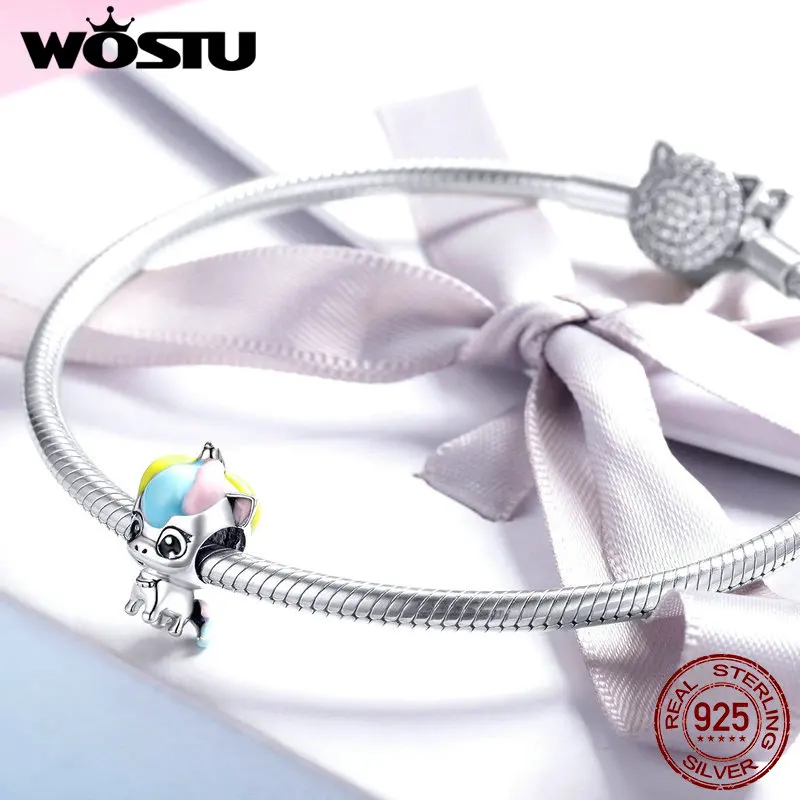 WOSTU 100% Стерлинговое Серебро 925 пробы милые бусины в виде единорога цветной шарм