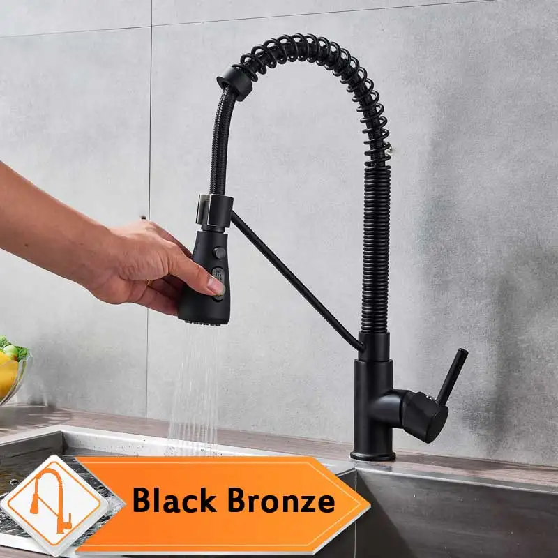 Black Kitcdhen Tap Вращающийся на 360 градусов кран для кухонной раковины хромированный пружинный кран для горячей и холодной воды для кухни с одной ручкой струйная головка распылителя - Color: Black Kitcdhen Tap