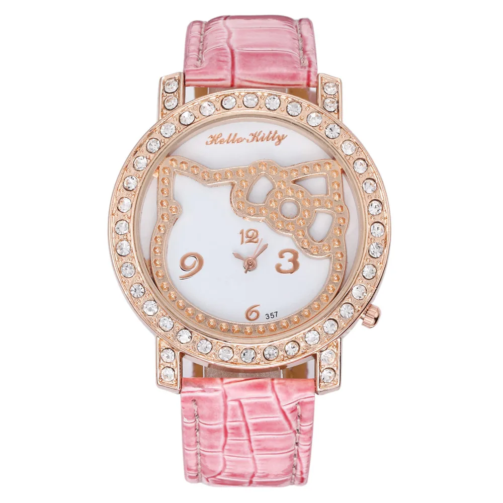 Новый дизайн Кристальные часы Hello Kitty женские модные повседневные с кожаным