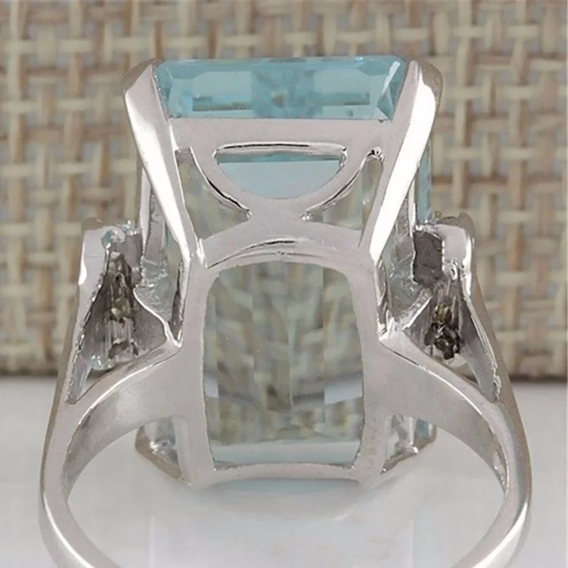 OMHXZJ Wholesale European Fashion Woman Man Party Wedding Gift Silver Blue Rectangle Topaz  925 Sterling Silver Ring RR118 images - 6