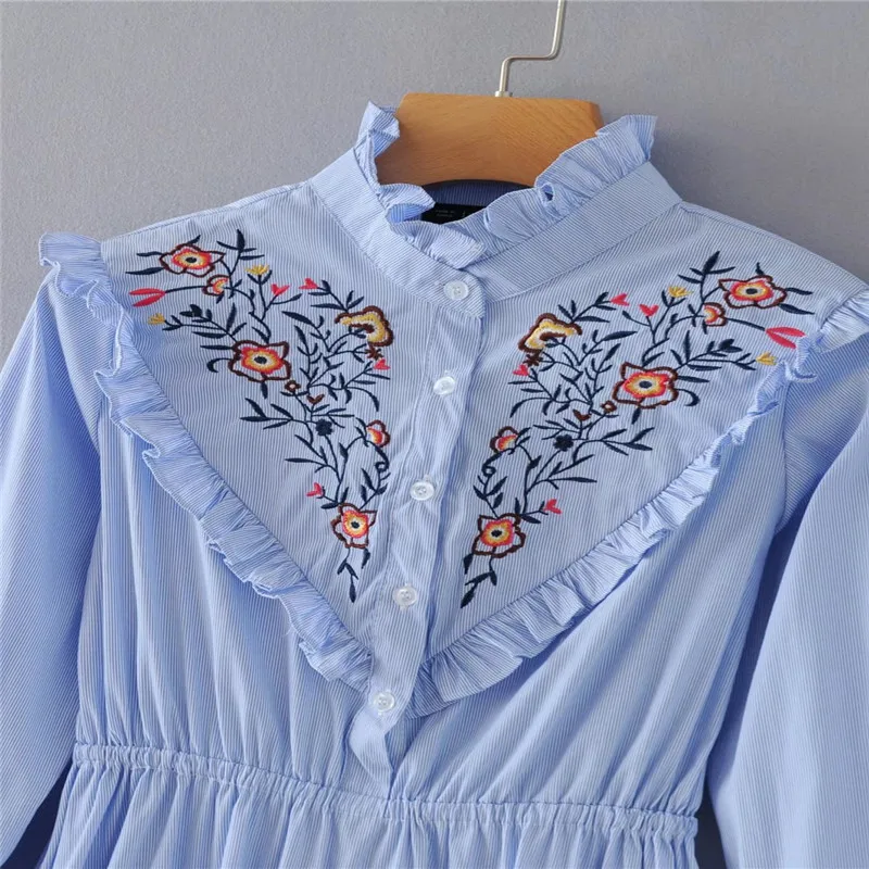 Оборчатый воротник цветочные embroiderey платье Длинные рукава женщин с вышитыми