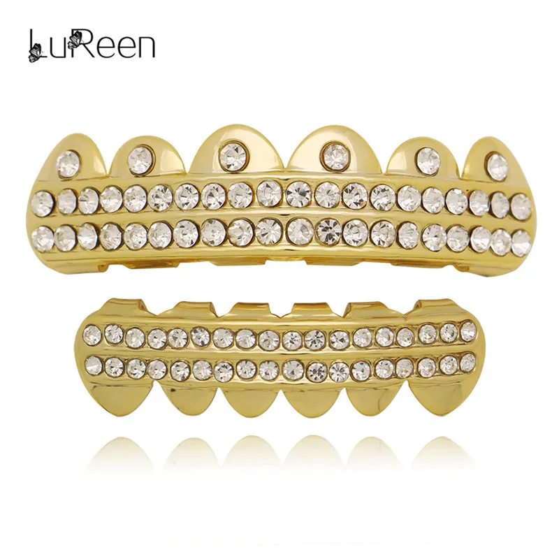 

LuReen Hip Hop Rhinestone Gold Silver Color Teeth Grills Top Bottom Dental Grillz Tooth Caps Mouth Luxury Jewelry