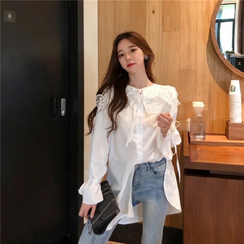 Корейский Ulzzang осень весна Для женщин белая блузка Ruffled кружевной воротник с