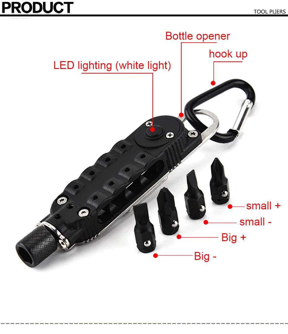 

Mini Multi-function Tools Portable Screwdriver LED Lights Batch Knife Opener Wrench Climbing Buckle for Outdoor, camping EDC