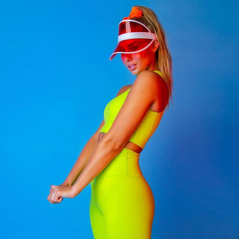 Неоновый зеленый топ с высоким воротником и высокой талией брюки комплект из