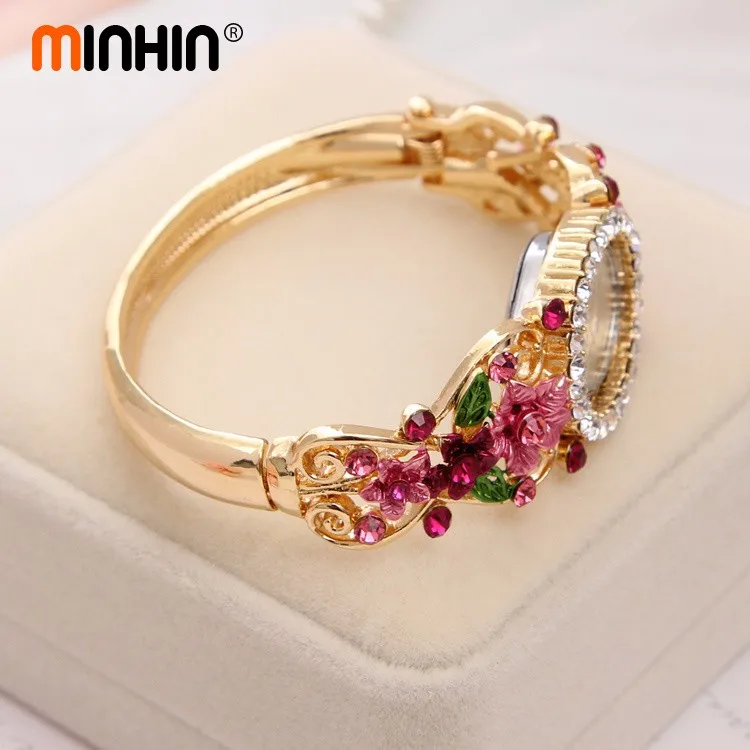 Бренд MINHIN, роскошные женские часы-браслет с цветком из кристаллов, прекрасный подарок для женщин, кварцевые часы, позолоченные наручные часы