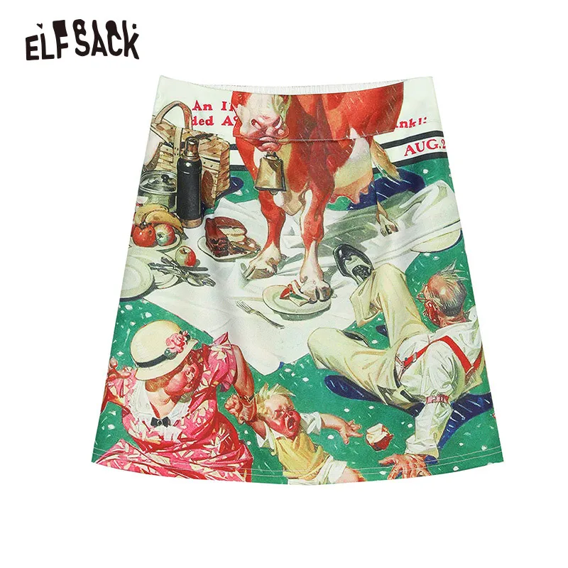 Multi ELFSACK Vintage Cartoon Print Women Skirts Fashion A-Line Mid Waist Female Skirt Summer Streetwear Casual Femme Bottoms - Цвет: Multi