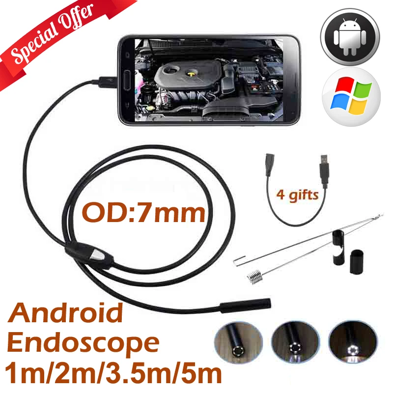 7 мм Лен Micro USB Эндоскоп Android Камера 1 М 2 3.5 5 IP67 Водонепроницаемый Инспекции Гибкая