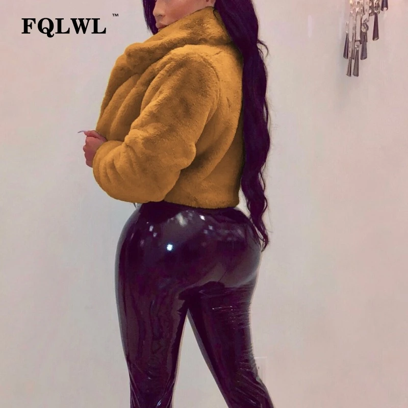 FQLWL Fluffy Faux Fur Coats Women Solid Furry Teddy Turn Down Collar Cropped Jacket Fur Female Overcoat Winter Warm Outerwear