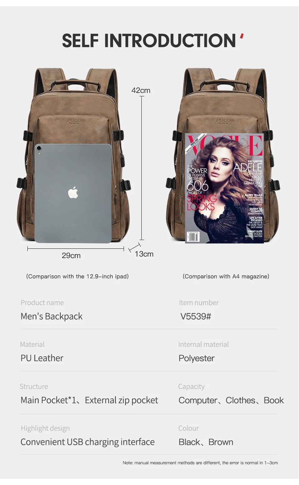 VICUNA POLO, Одноцветный кожаный мужской рюкзак, сумка с usb зарядкой, Большой Вместительный бизнес рюкзак, высокое качество, школьный повседневный мужской рюкзак