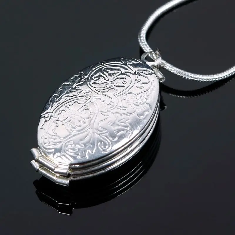 Старинный посеребренный цветок Выгравированный Овальный кулон с фото Шарм
