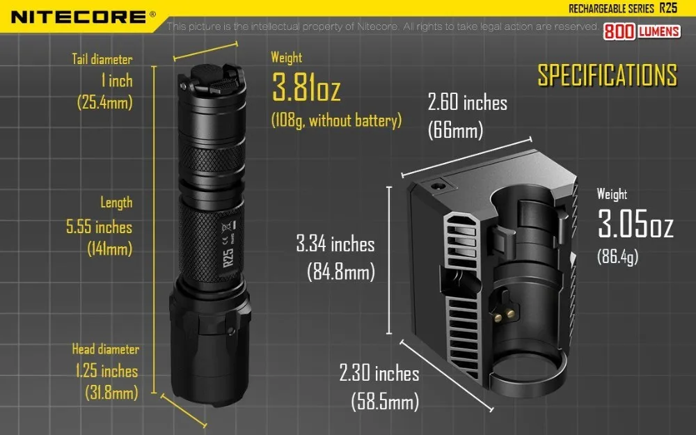 NiteCore R25 800 люмен перезаряжаемый светодиодный тактический фонарь с батареей, зарядная док-станция, автомобильный адаптер переменного тока, кобура