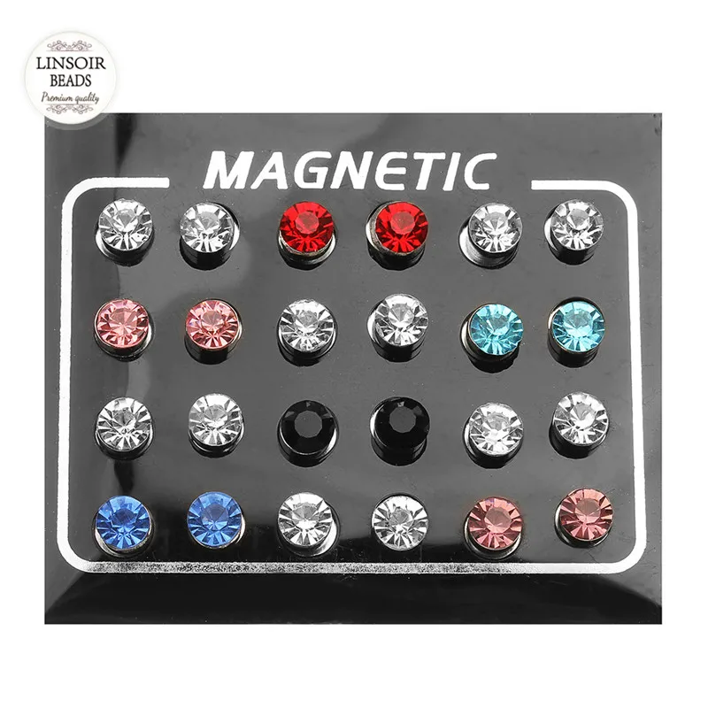 LINSOIR 12 Pair/lot 4/5/6/7mm Round Crystal Rhinestone Magnet Stud Earring Puck Womens Mens Magnetic Fake Ear Plug Jewelry | Украшения и