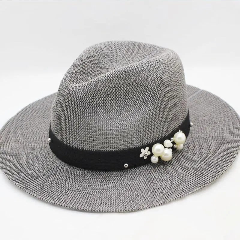 

New Summer Hat Panama Hats Hollow Out Straw Hat For Men Women Pearl Ribbon Large Brim Sun Beach Hat Jazz Cap Fedora