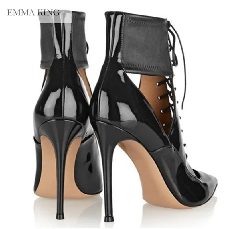 Harga Sepatu Bot Pendek Sepatu Pump Wanita Seksi Hak Tinggi Ujung Runcing Musim Gugur Sepatu Pergelangan Kaki Bersimpul Silang Wanita Berongga Kulit Paten Hitam