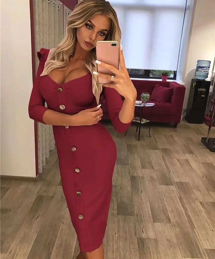 Susi& Rita, Сексуальные вечерние платья с v-образным вырезом, женское винтажное платье с рукавом три четверти и пуговицами,, весенние облегающие Клубные платья Vestidos