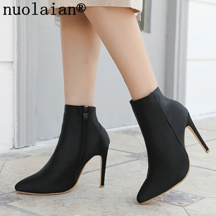 Женские ботильоны на высоком каблуке 10,5 см, зимняя обувь из искусственного меха, женская классическая черная зимняя обувь, женская обувь, женские ботинки