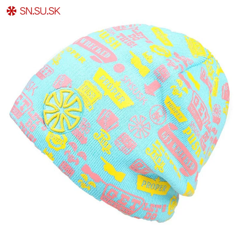 SN.SU.SK Новая зимняя мужская и женская шапка бини из флиса вязаные шапки с принтом