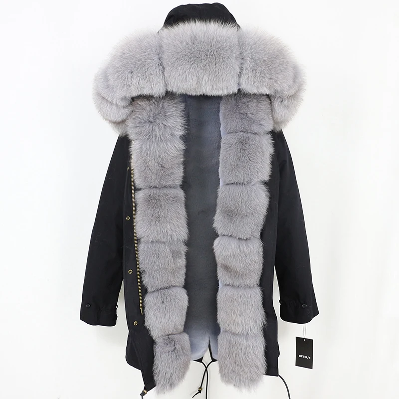 black grey OFTBUY пальто с натуральным мехом зимняя куртка женская длинная парка воротник из натурального Лисьего меха Толстая теплая брендовая Роскошная Съемная уличная одежда - Цвет: black grey