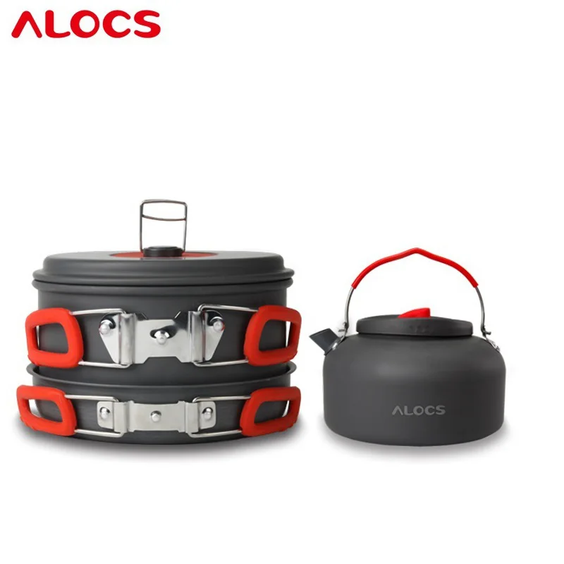 ALOCS  CW-C19T 2-3 People Outdoor Camping Cook Set 5 Pieces with Bag 2.2L Pot 1.4L Teapot 7.5 Inches Frying Pan
