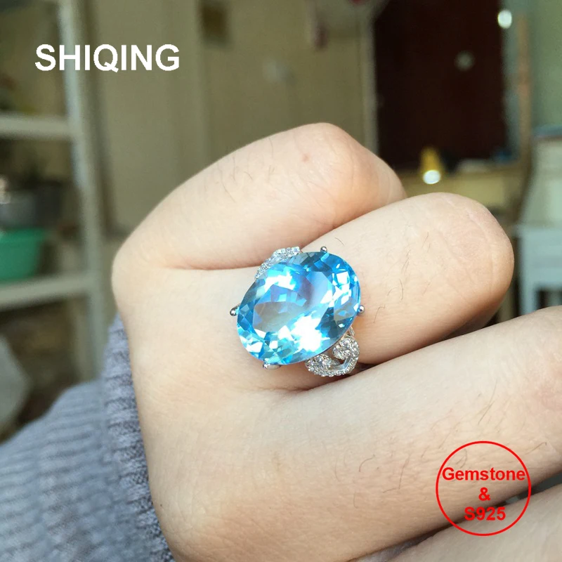 

SHIQING 100% Nature topaz 925 sterling silver oval December birthstone super big ring for women