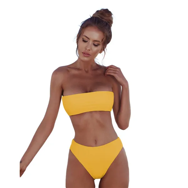 Yellow Bikini PLAVKY,, Ретро стиль, сексуальный, Одноцветный, бандо, высокая талия, бесшовный крой, бикини, купальник, купальник для женщин, бразильское бикини - Цвет: Yellow Bikini