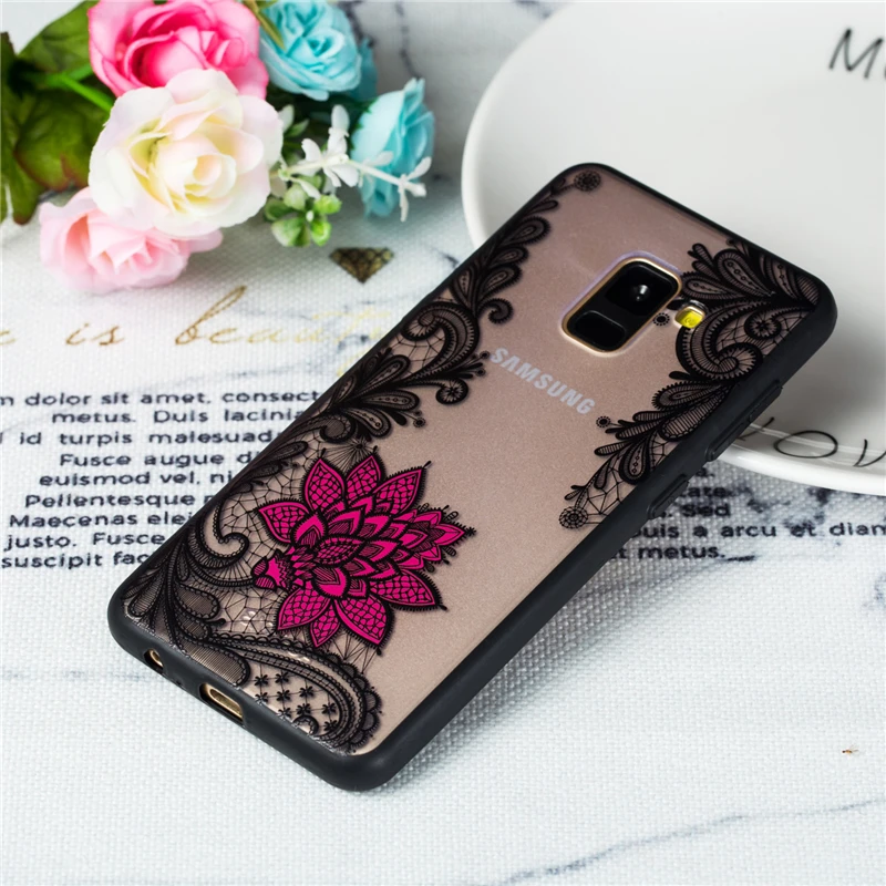 For Samsung Galaxy A8 Plus 2018 Case Lace Floral Phone Cases Black Rose Relief Matte Hard PC Back Cover for |