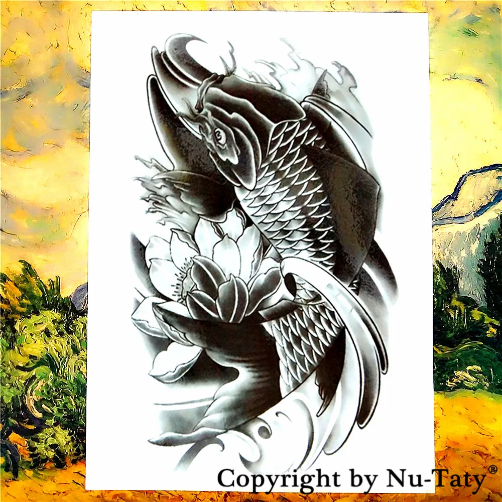 Временная татуировка SHNAPIGN Black Koi Carp Fish водостойкая наклейка для тела 21*15 см |