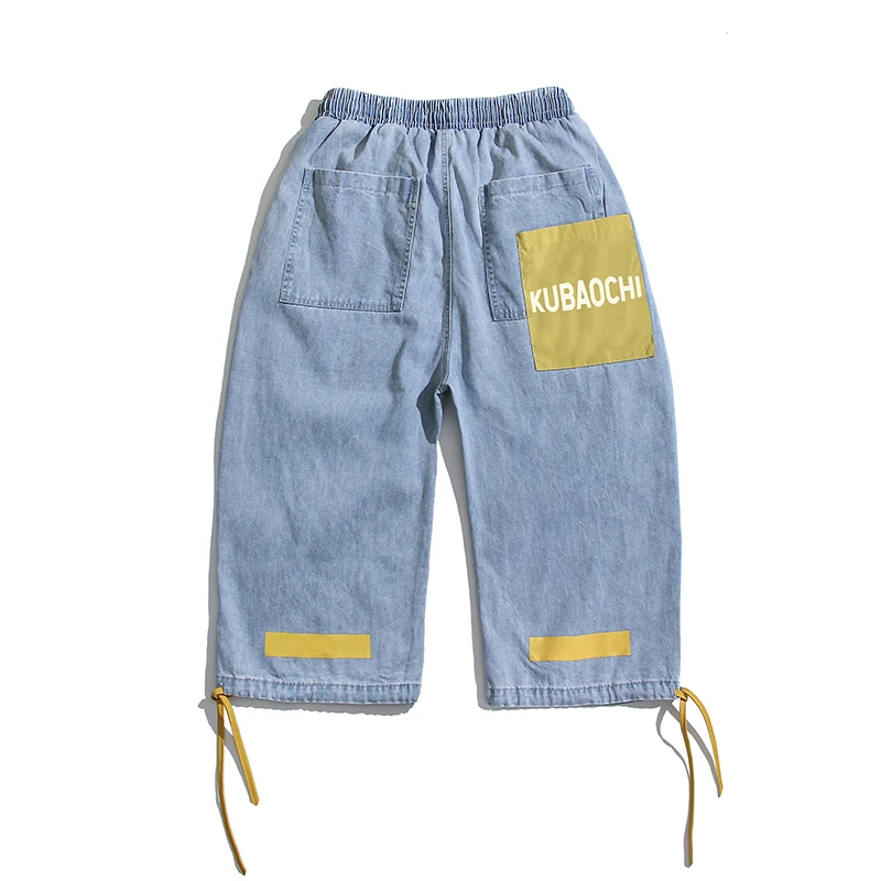 

2019 Summer Men's Streetwear Drawstring Leg Seven Part Wide Leg Pants Holes Mens Jeans Hip Hop Style Male Trousers Size M-2XL