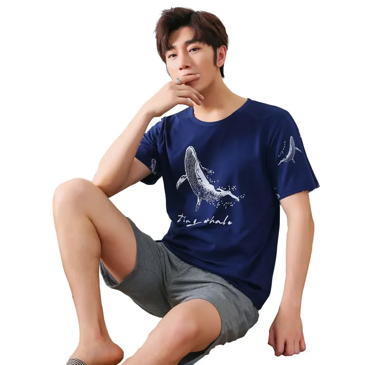 dark blue BZEL/Новинка года; летняя домашняя одежда для мужчин; хлопковая одежда для сна; комплект с шортами; пижамный комплект; Para Hombre; Футболка с принтом дельфина и штаны; домашняя одежда - Цвет: dark blue