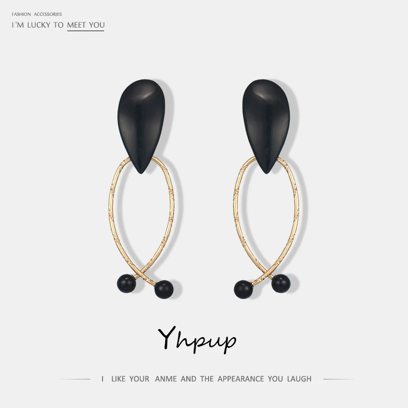 Yhpup, длинные женские серьги-клипсы, черные, полимерные, металлические, очаровательные, вечерние