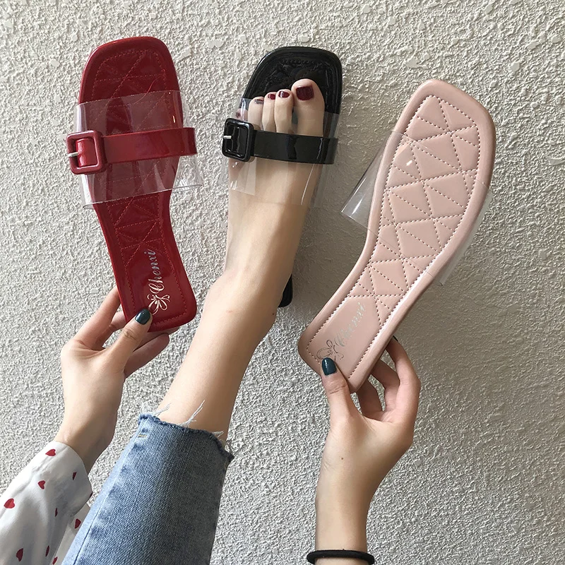 Прозрачная женская обувь на низком каблуке женские сандалии с открытым носком