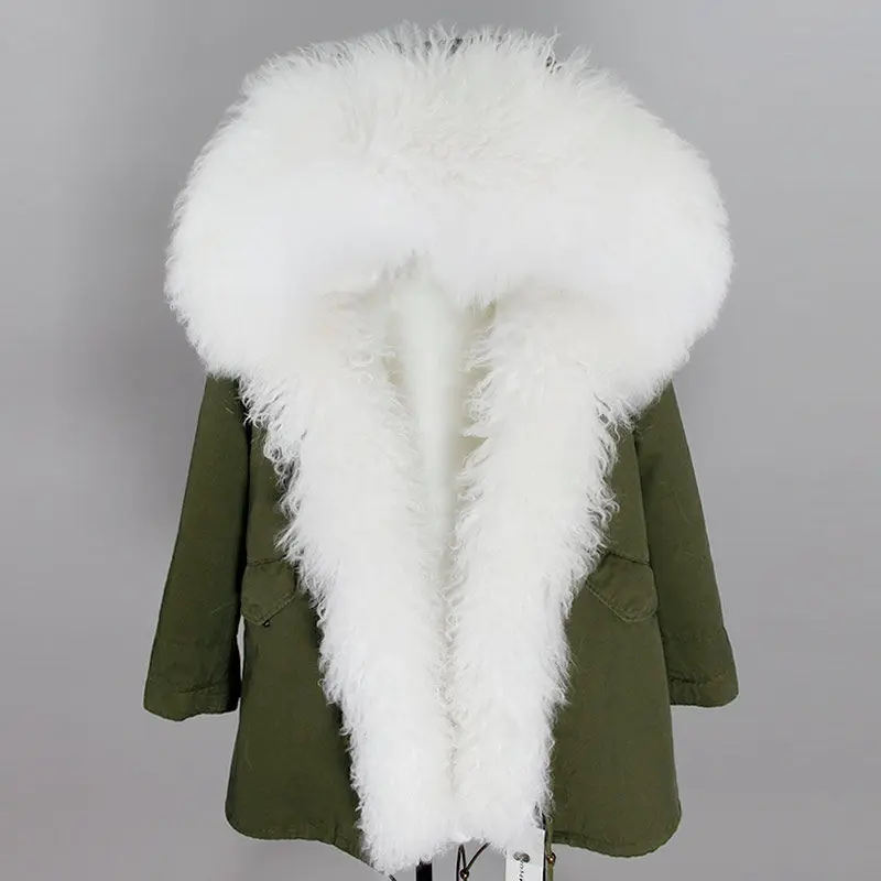 green white OFTBUY, зимняя женская куртка, пальто из натурального меха, длинная парка, воротник из натурального меха монгольской овцы, Толстая теплая верхняя одежда с капюшоном, уличная одежда - Цвет: green white