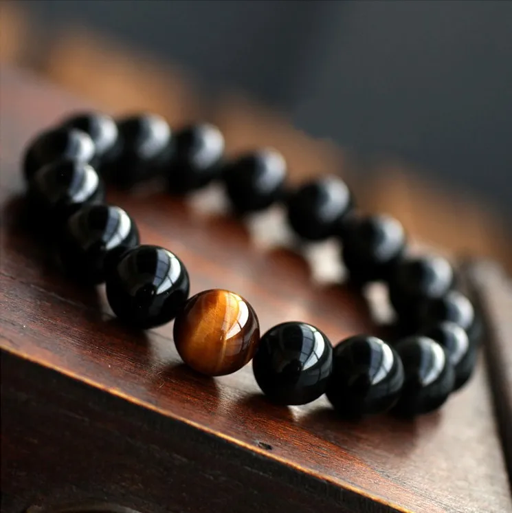 Onyx negro Natural con cuentas de piedra de ojo de Tigre, pulsera de joyería para hombres, 12