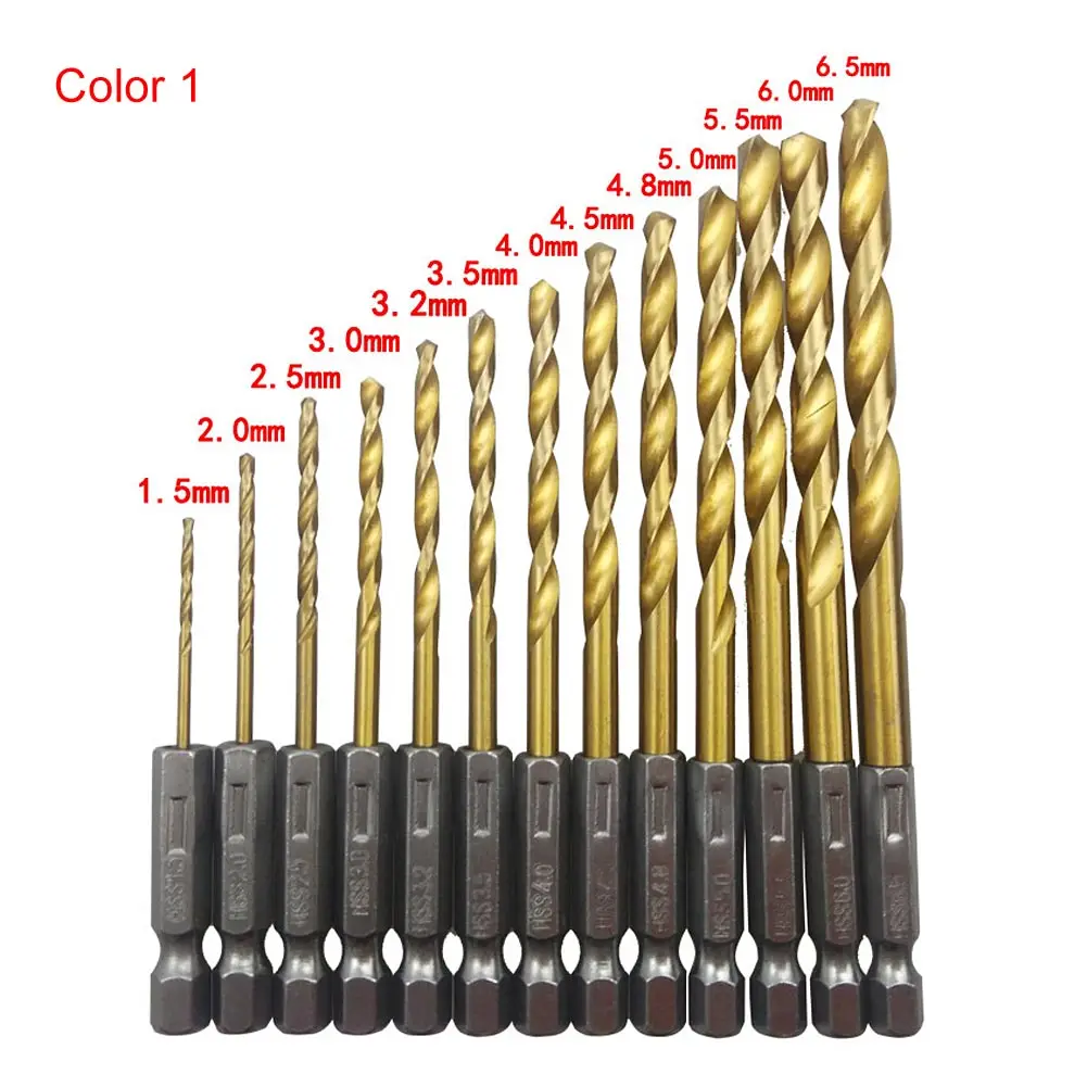 

New Drill Bit Hand Tools 13 Pcs Titanium Coated HSS Drill Set Twist Drill Hex Shank Drill 1.5mm-6.5mm