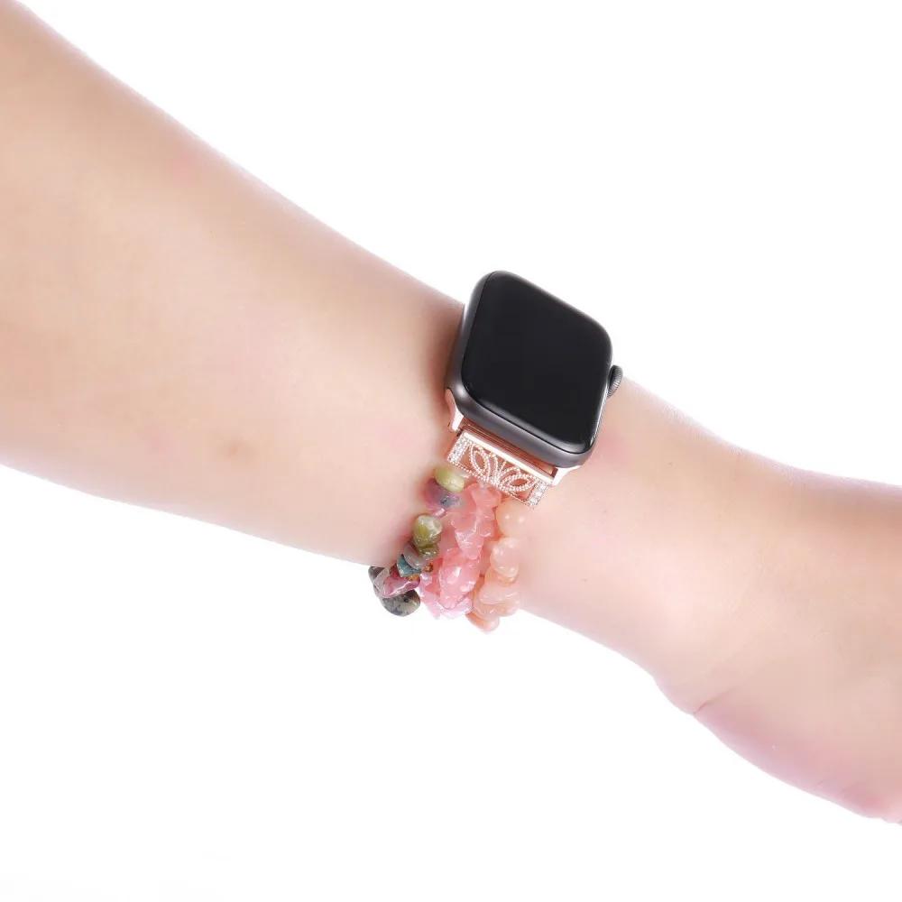 Ручной работы Для женщин Агат ремешок для наручных часов Apple Watch серии 1 2 3 4 5 на драгоценные эластичный браслет с камнями для наручных часов iWatch 38/40 мм/42 44 мм Длина браслета