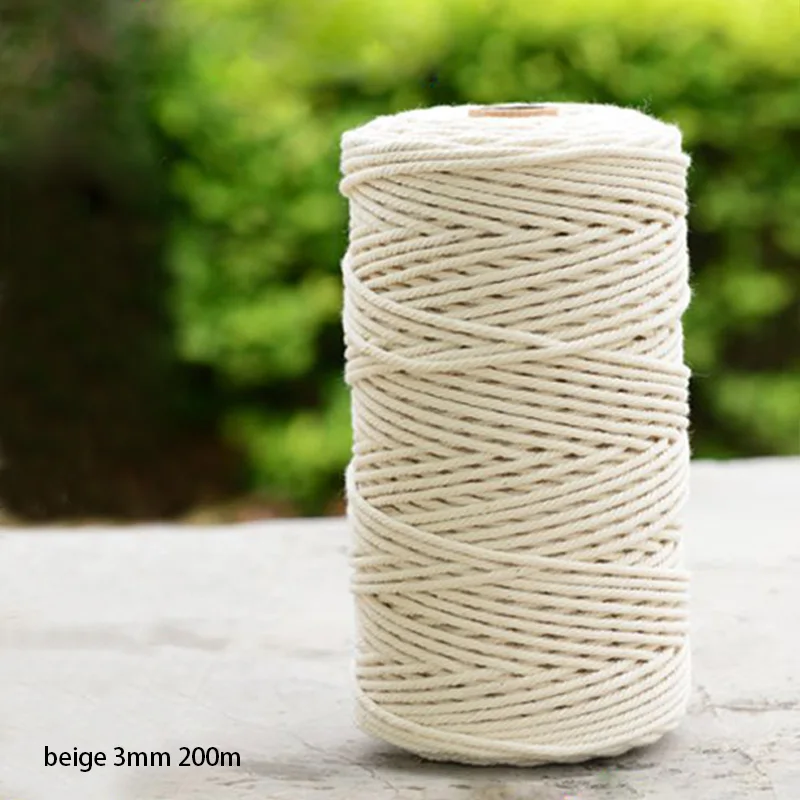 beige 3mm 200m Ручная работа, сделай сам, бежевый мягкий хлопковый шнурок, веревка из натурального хлопка, диаметр 1 мм, скрученный шнур, 1 рулон макраме - Цвет: beige 3mm 200m