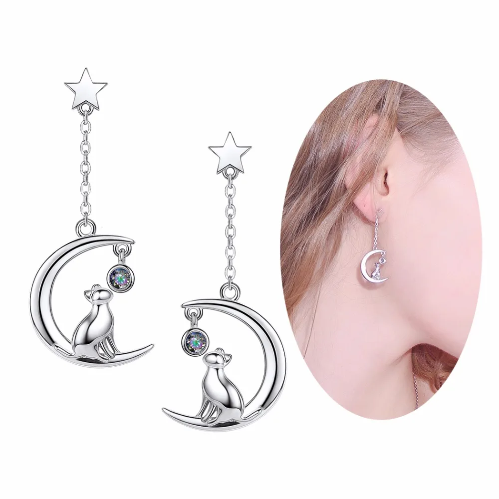 SILVERCUTE Звезда Луна кошка Висячие серьги для женщин девочек ювелирные украшения