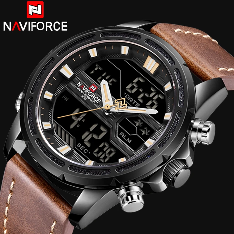 NAVIFORCE мужские часы люксовый бренд мужские кожаные спортивные часы мужские кварцевые светодиодный цифровые часы водонепроницаемые военные наручные часы