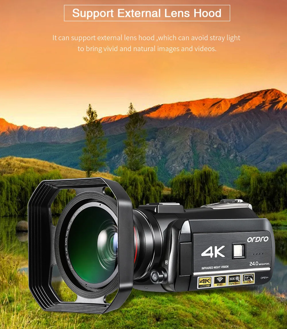 ORDRO AC3 4K Ultra HD 60FPS видеокамера с Wifi внешним микрофоном широкоугольный объектив и бленда 3,0 lcd сенсорный TFT экран
