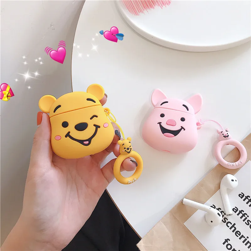 Милый поросенок Винни Пух 3D мультяшный наушник чехол для Airpods 1/2 силиконовый беспроводной кейс для bluetooth-гарнитуры с ремнями