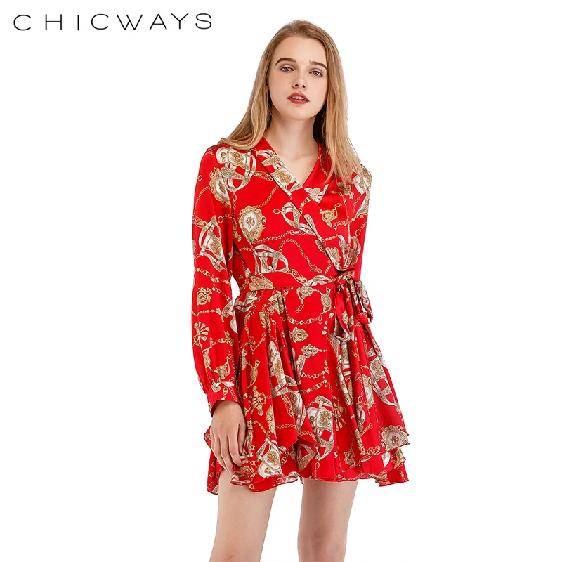 Chicways с длинным рукавом принтом лето осень высокие уличные платья женские