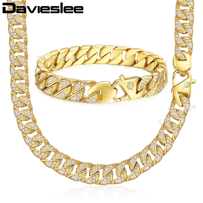 Miami Necklace Bracelet Jewelry Set for Men Gold 316L Stainless Steel Cubic Zirconia CZ Chain 12mm LHS60 | Украшения и аксессуары