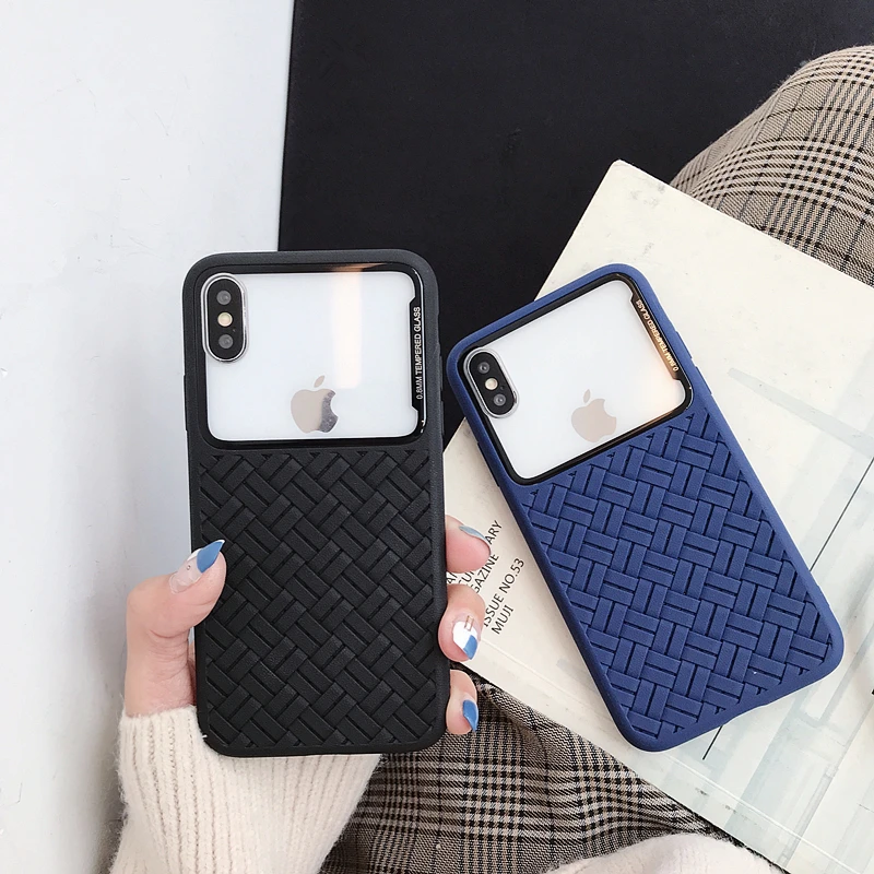Плетеная сетка силиконовый чехол для iPhone Xs Max роскошный ТПУ + закаленное стекло