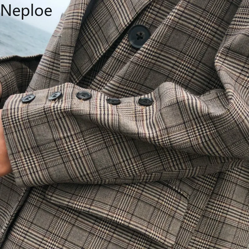 Neploe женский клетчатый комплект из двух предметов, двубортный блейзер с длинным рукавом+ длинные штаны с высокой талией на пуговицах, модные костюмы 43746