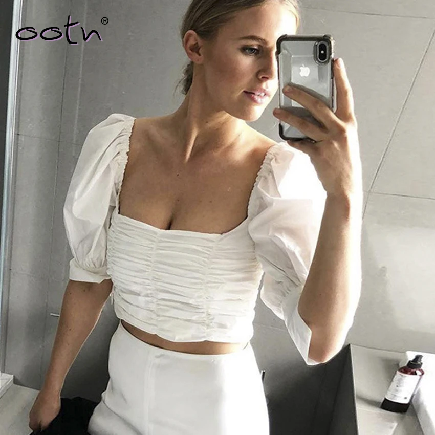 Женская блузка с открытыми плечами OOTN черная или белая туника рюшами укороченный
