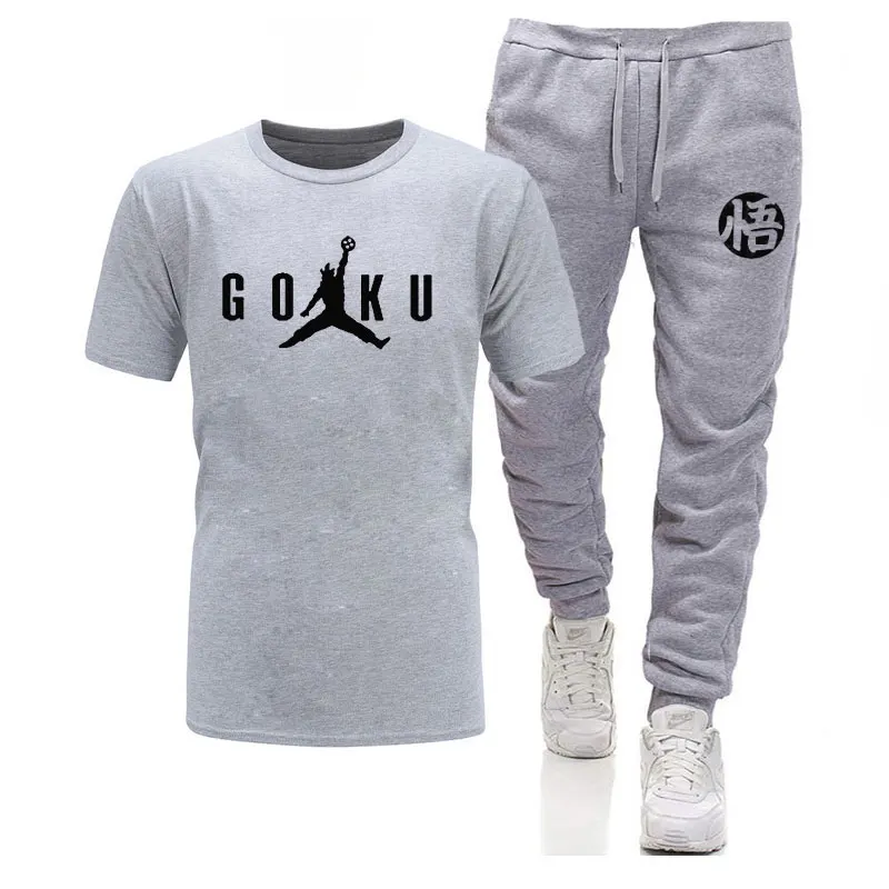 gray 2 Лето, Dragon Ball Z, мужские футболки+ штаны, 2 предмета,, хлопок, удобная футболка с коротким рукавом, мужские повседневные топы и штаны - Цвет: gray 2